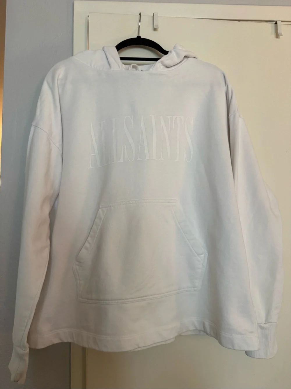 AllSaints oversized monochrome White Pullover Hoodie with Branded Neck Tag - Picture 3 of 12